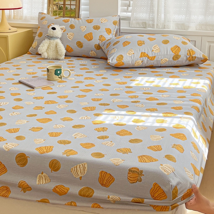 91家纺网 家纺一手货源 找家纺 2025新款母婴级ins小清新双层纱印花床笠床垫保护罩枕套三件套 南瓜堡