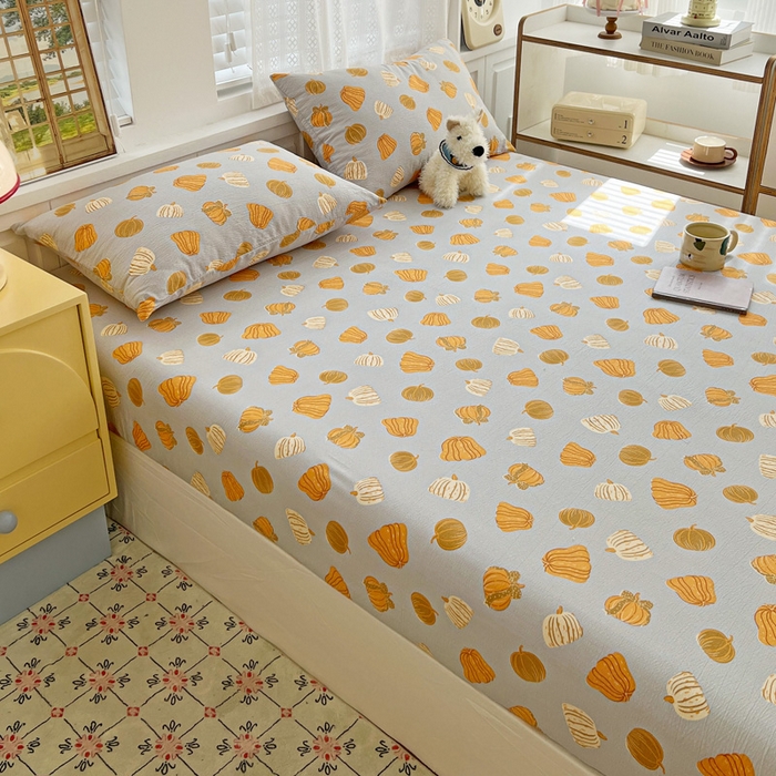 91家纺网 家纺一手货源 找家纺 2025新款母婴级ins小清新双层纱印花床笠床垫保护罩枕套三件套 南瓜堡