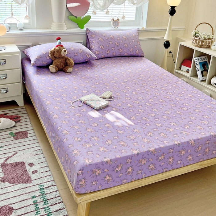 91家纺网 家纺一手货源 找家纺 2025新款母婴级ins小清新双层纱印花床笠床垫保护罩枕套三件套 花汀