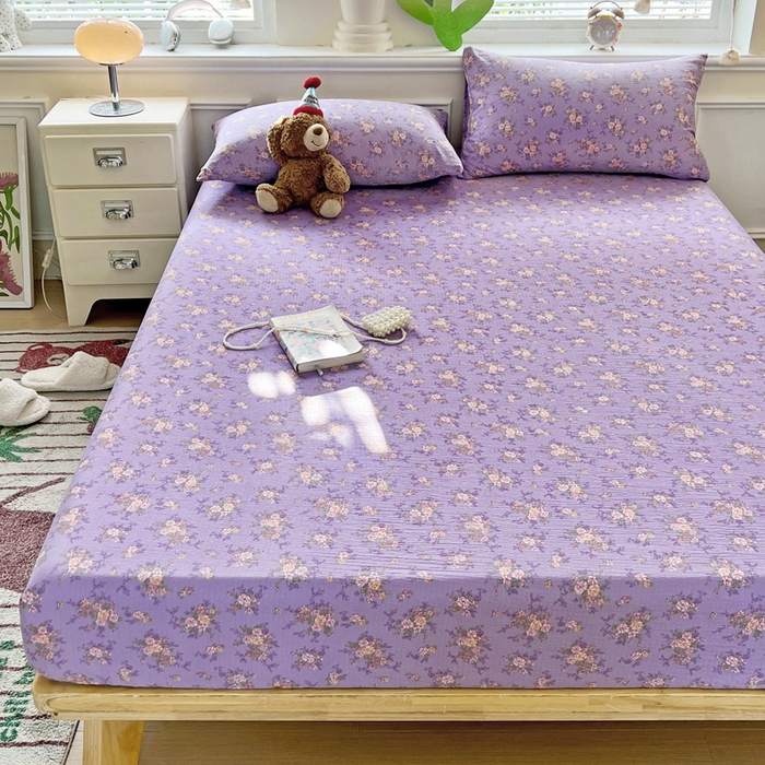 91家纺网 家纺一手货源 找家纺 2025新款母婴级ins小清新双层纱印花床笠床垫保护罩枕套三件套 花汀