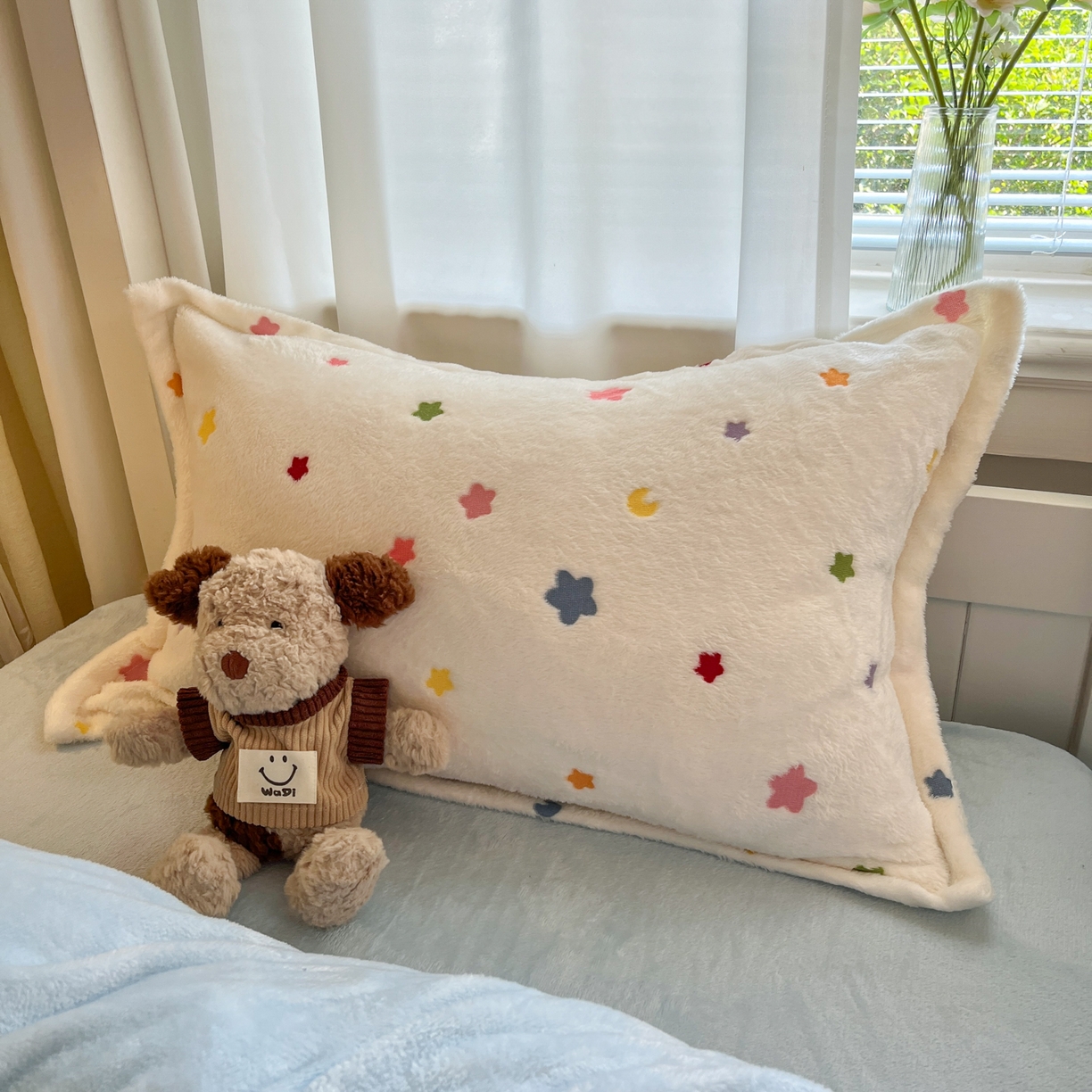 91家纺网 家纺一手货源 找家纺 川悦生活 2025新款雪花绒宿舍床笠款三件套 奶昔星星