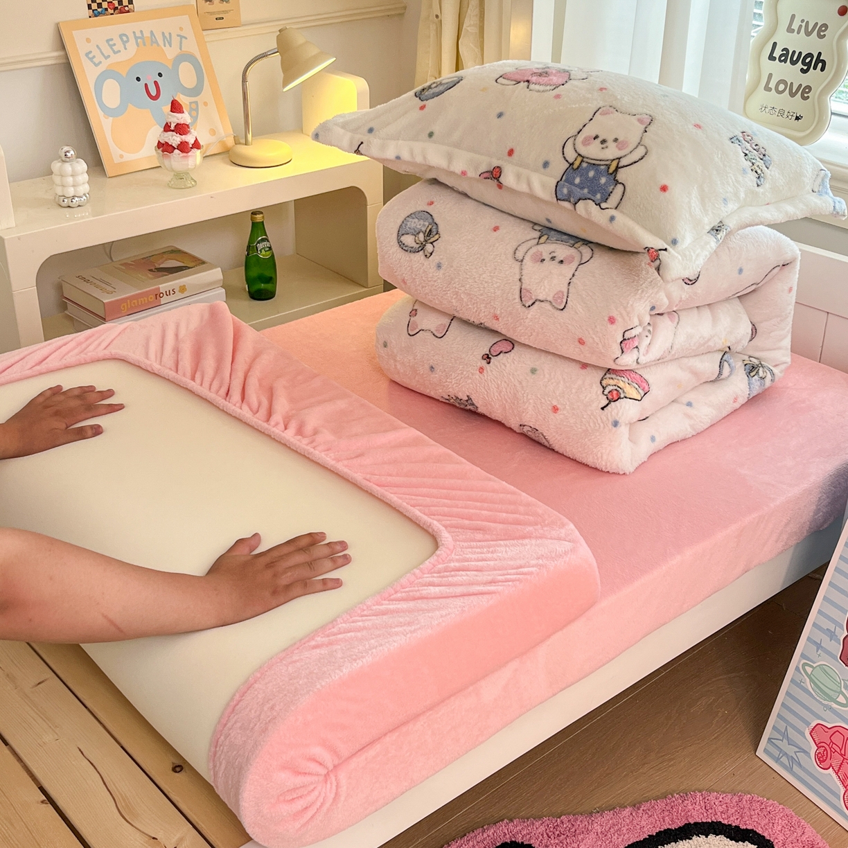 川悦生活 2025新款雪花绒宿舍床笠款三件套 派对西高地