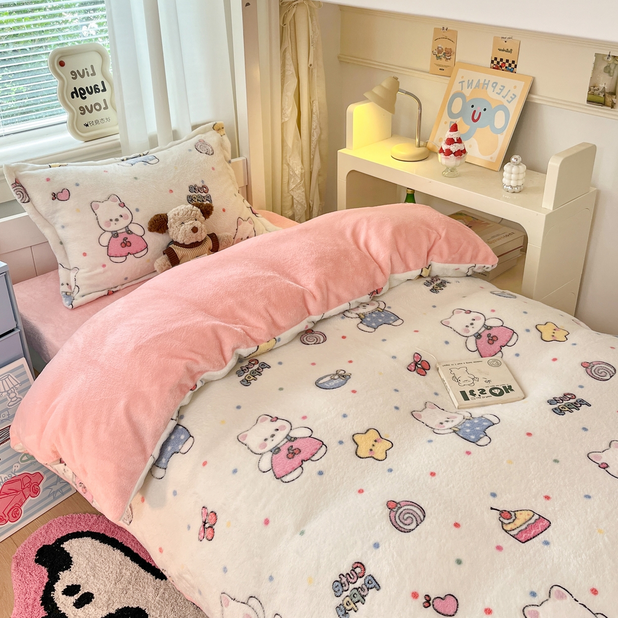 91家纺网 家纺一手货源 找家纺 川悦生活 2025新款雪花绒宿舍床笠款三件套 派对西高地