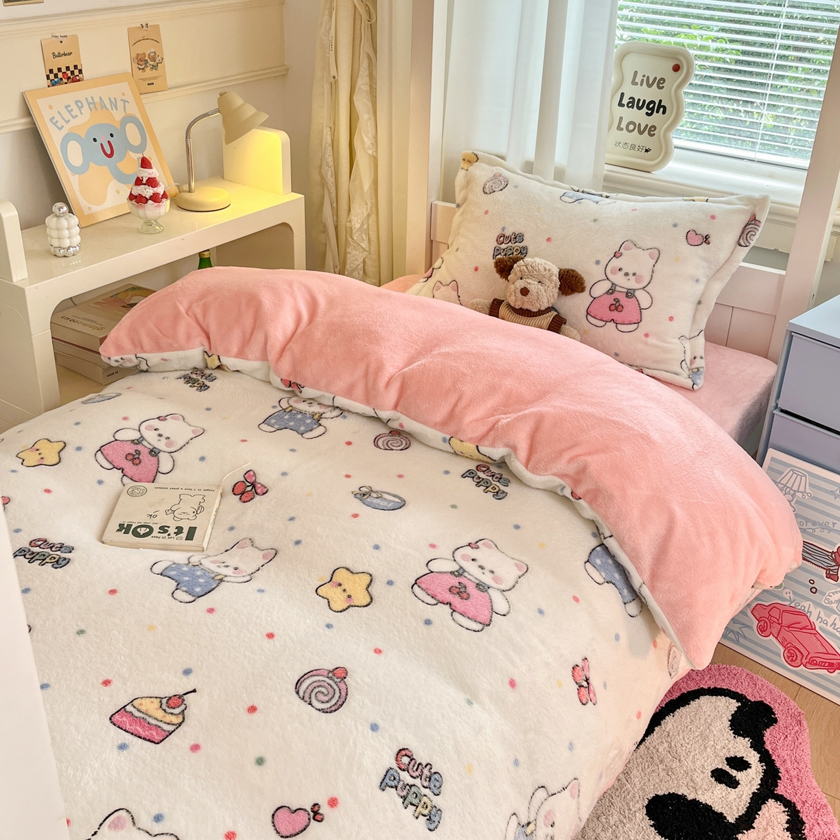 91家纺网 家纺一手货源 找家纺 川悦生活 2025新款雪花绒宿舍床笠款三件套 派对西高地