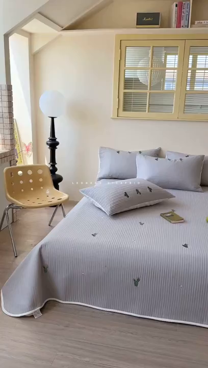 91家纺网 家纺一手货源 找家纺 优悦生活馆 2025新款皱皱纱夹棉刺绣系列床盖 仙人掌-灰