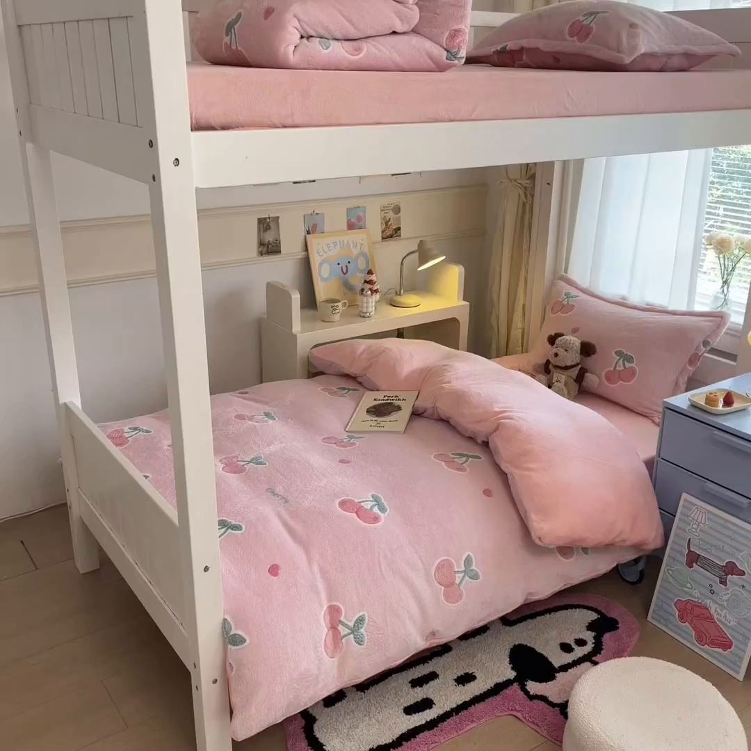 91家纺网 家纺一手货源 找家纺 川悦生活 2025新款雪花绒宿舍床笠款三件套 桃心爱语