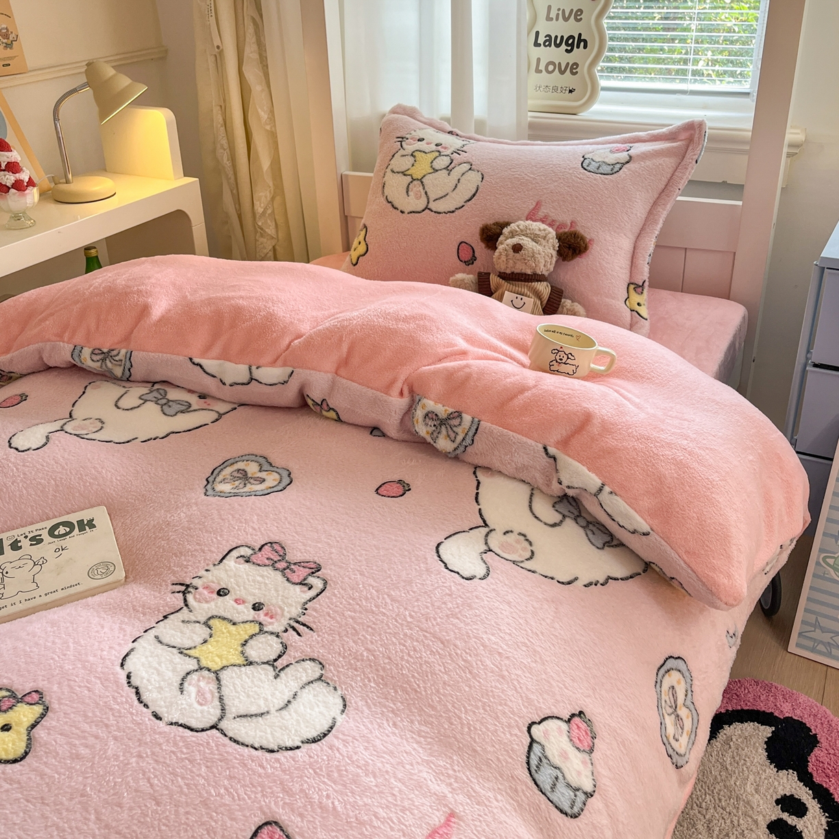 91家纺网 家纺一手货源 找家纺 川悦生活 2025新款雪花绒宿舍床笠款三件套 甜梦小猫