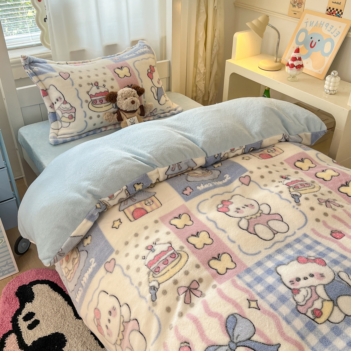 91家纺网 家纺一手货源 找家纺 川悦生活 2025新款雪花绒宿舍床笠款三件套 小喵甜心