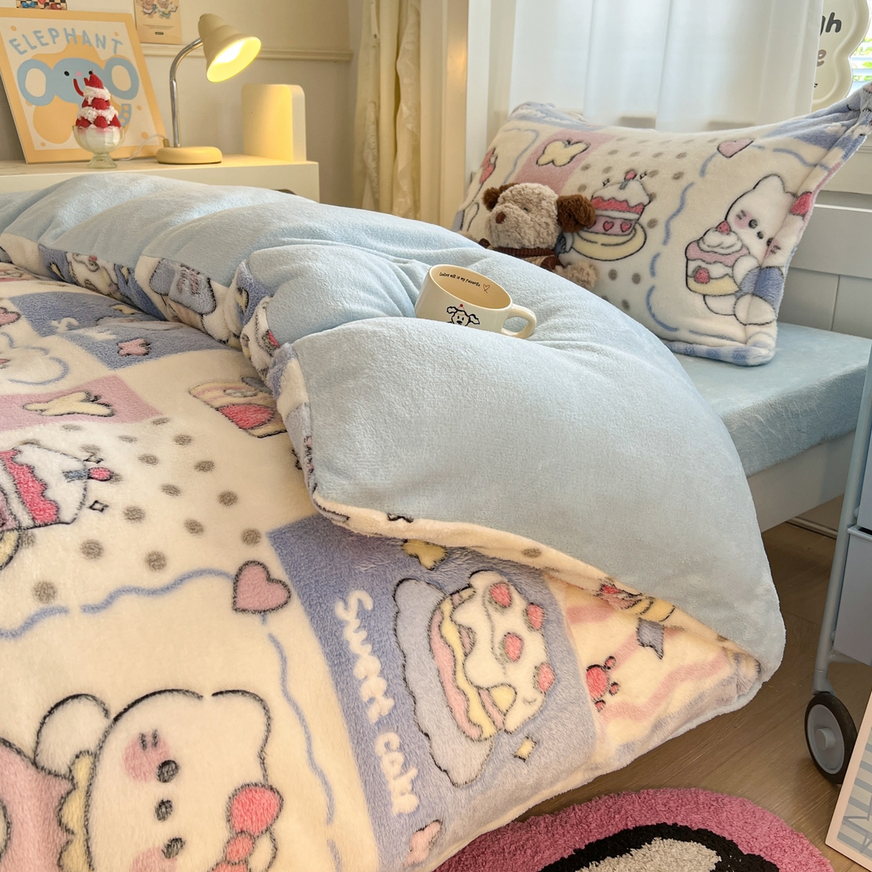 91家纺网 家纺一手货源 找家纺 川悦生活 2025新款雪花绒宿舍床笠款三件套 小喵甜心