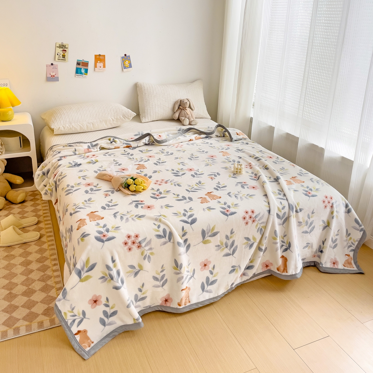 91家纺网 家纺一手货源 找家纺 启发毛毯 2025新款高克重双面牛奶绒盖毯 花花兔