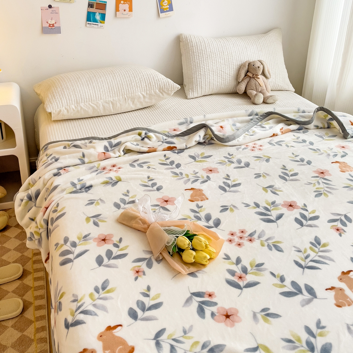 91家纺网 家纺一手货源 找家纺 启发毛毯 2025新款高克重双面牛奶绒盖毯 花花兔