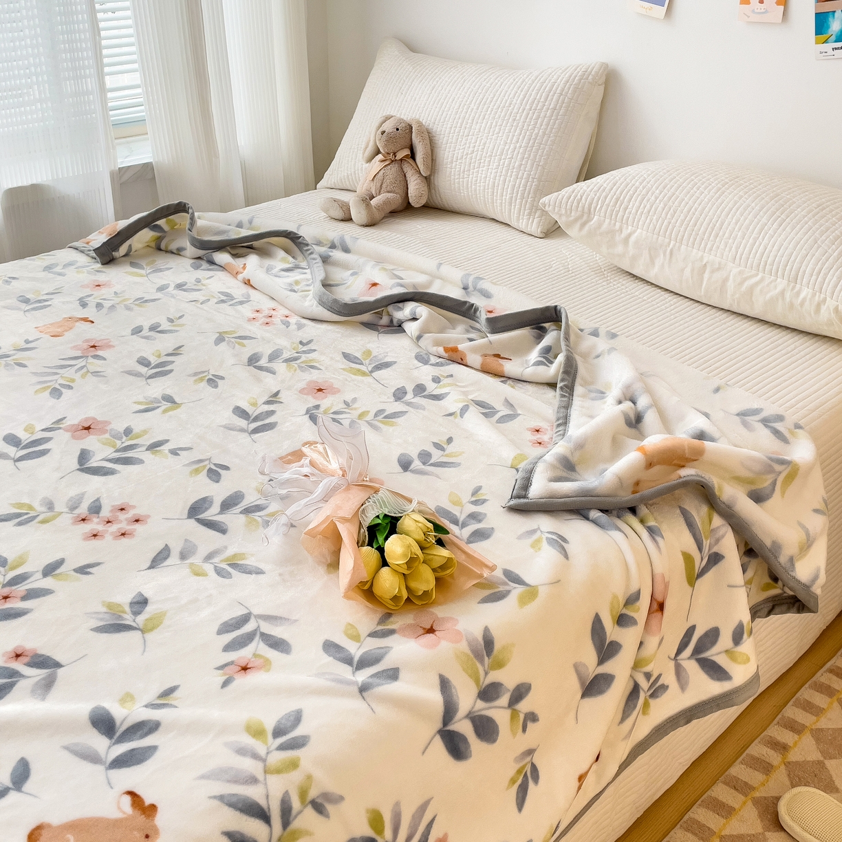 91家纺网 家纺一手货源 找家纺 启发毛毯 2025新款高克重双面牛奶绒盖毯 花花兔