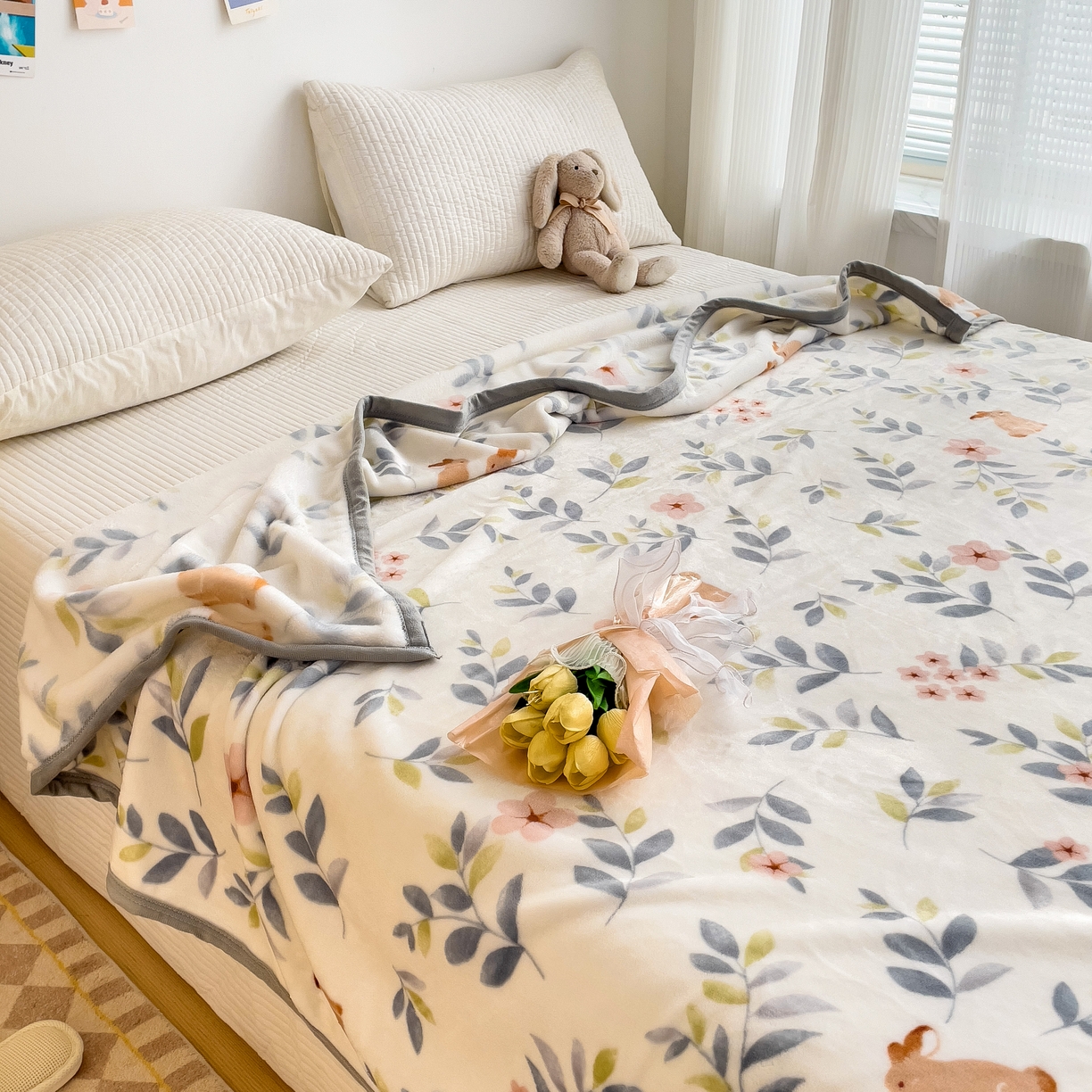 91家纺网 家纺一手货源 找家纺 启发毛毯 2025新款高克重双面牛奶绒盖毯 花花兔