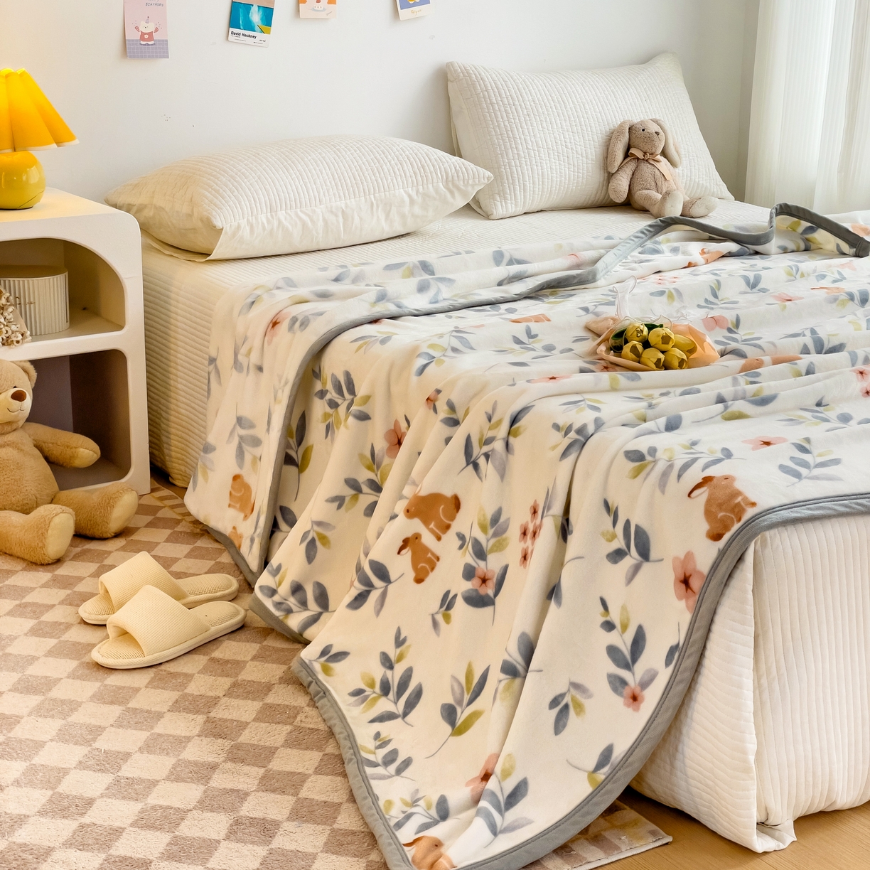 91家纺网 家纺一手货源 找家纺 启发毛毯 2025新款高克重双面牛奶绒盖毯 花花兔