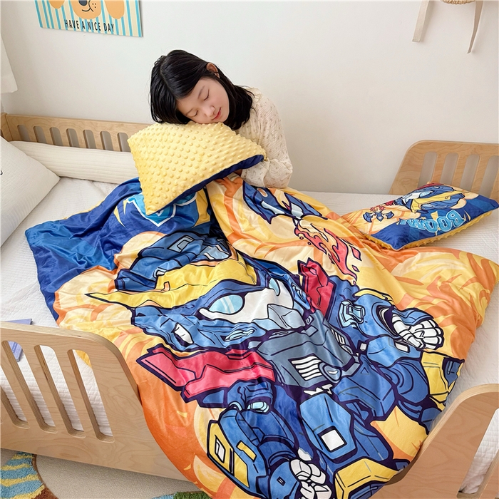 91家纺网 家纺一手货源 找家纺 萌宝家纺 2025新款幼儿园大版豆豆绒三件套婴儿绒六件套 机甲战士