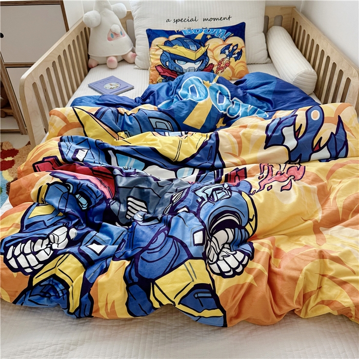 91家纺网 家纺一手货源 找家纺 萌宝家纺 2025新款幼儿园大版豆豆绒三件套婴儿绒六件套 机甲战士