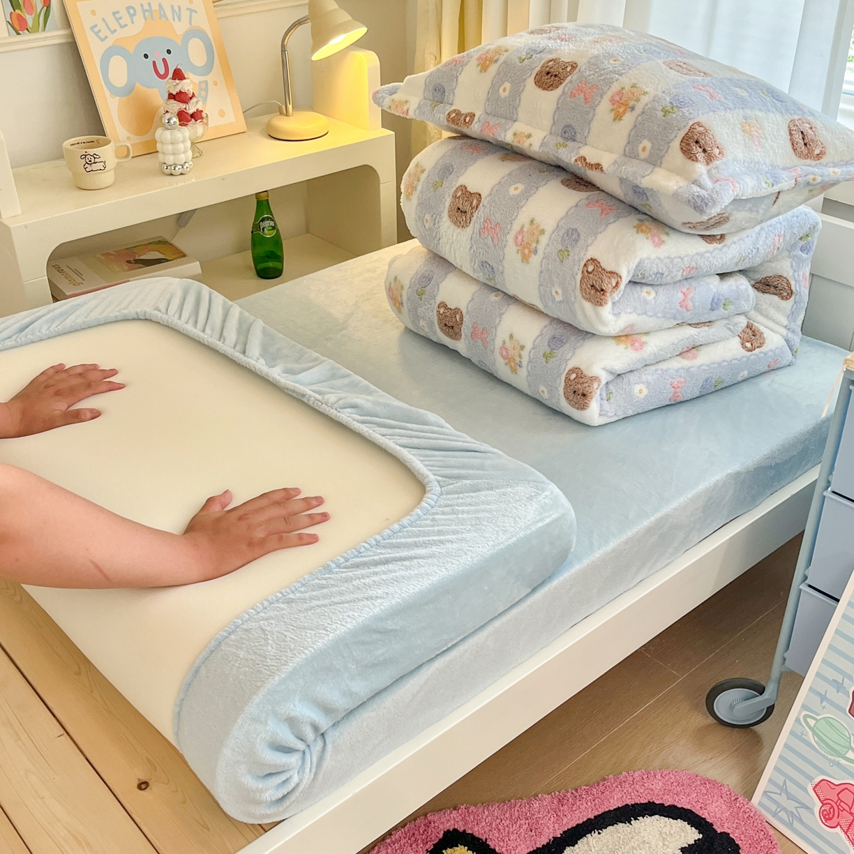 川悦生活 2025新款雪花绒宿舍床笠款三件套 小熊花园