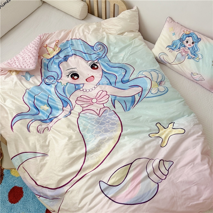 91家纺网 家纺一手货源 找家纺 萌宝家纺 2025新款幼儿园大版豆豆绒三件套婴儿绒六件套 人鱼公主