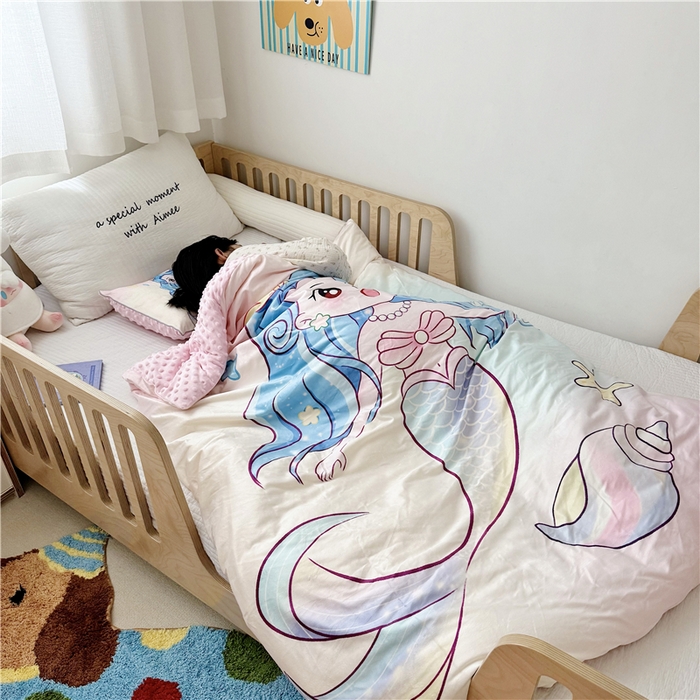 91家纺网 家纺一手货源 找家纺 萌宝家纺 2025新款幼儿园大版豆豆绒三件套婴儿绒六件套 人鱼公主