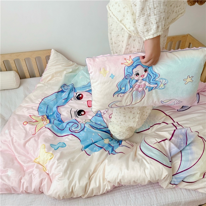 91家纺网 家纺一手货源 找家纺 萌宝家纺 2025新款幼儿园大版豆豆绒三件套婴儿绒六件套 人鱼公主