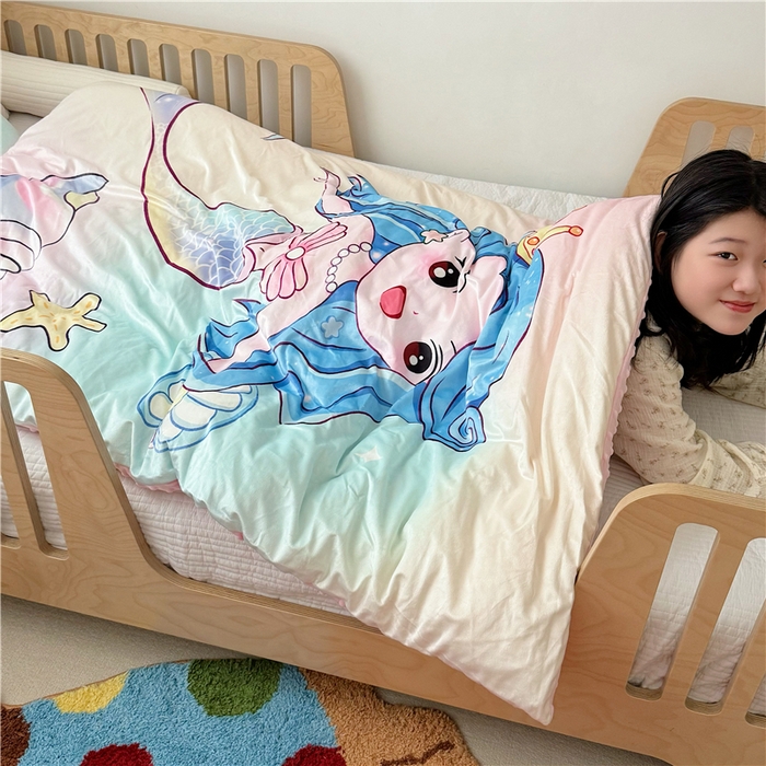 91家纺网 家纺一手货源 找家纺 萌宝家纺 2025新款幼儿园大版豆豆绒三件套婴儿绒六件套 人鱼公主