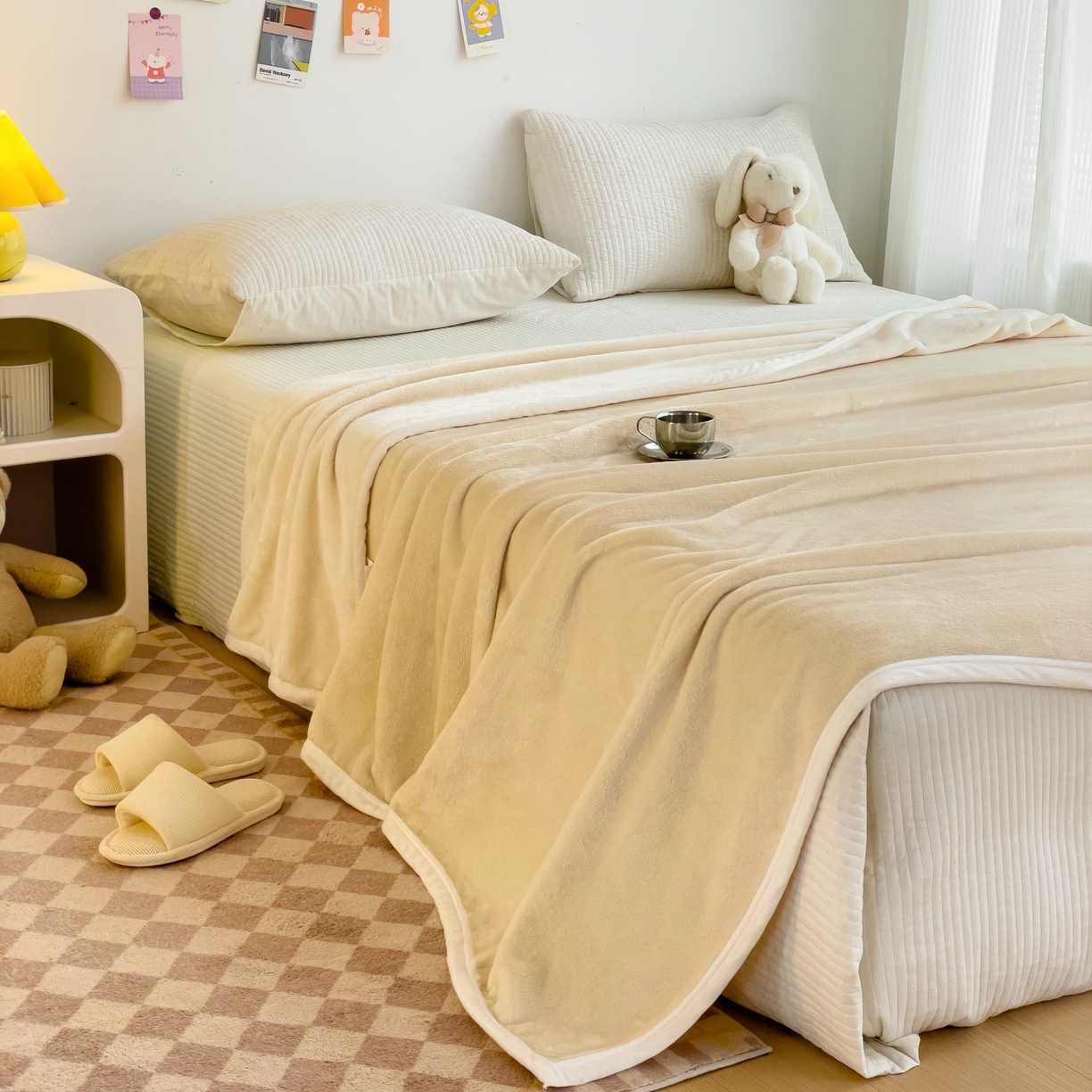 91家纺网 家纺一手货源 找家纺 启发毛毯 2025新款高克重双面牛奶绒盖毯 米白