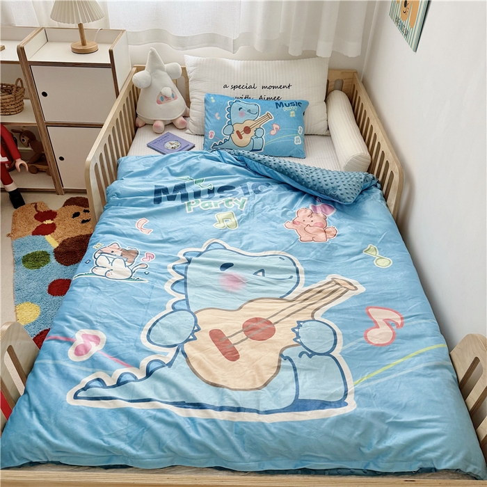 萌宝家纺 2025新款幼儿园大版豆豆绒三件套婴儿绒六件套 音乐恐龙