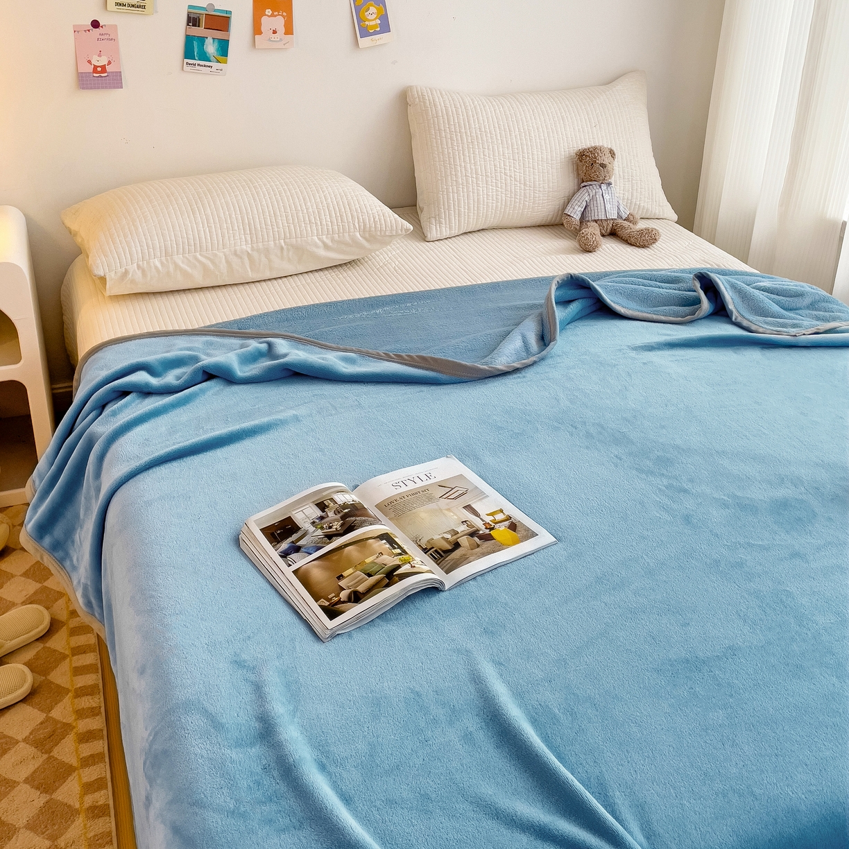 91家纺网 家纺一手货源 找家纺 启发毛毯 2025新款高克重双面牛奶绒盖毯 天蓝