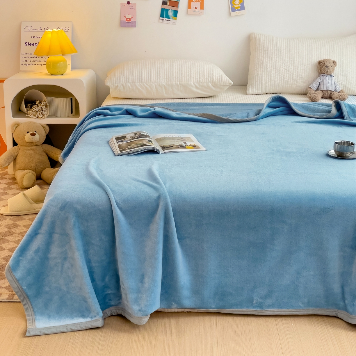 91家纺网 家纺一手货源 找家纺 启发毛毯 2025新款高克重双面牛奶绒盖毯 天蓝