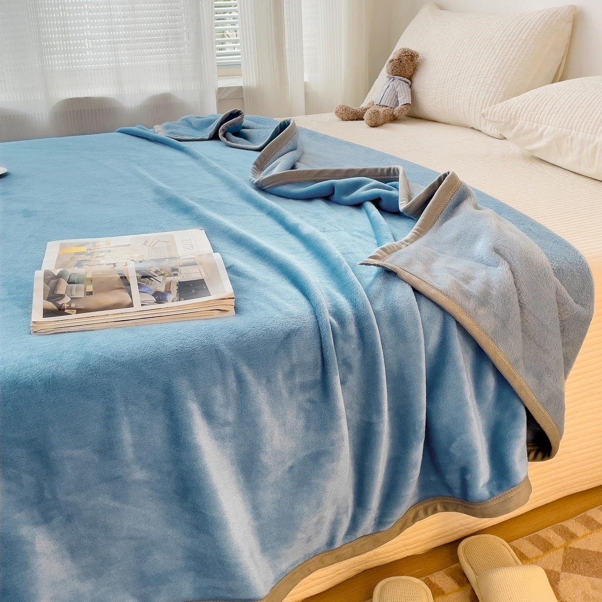 91家纺网 家纺一手货源 找家纺 启发毛毯 2025新款高克重双面牛奶绒盖毯 天蓝