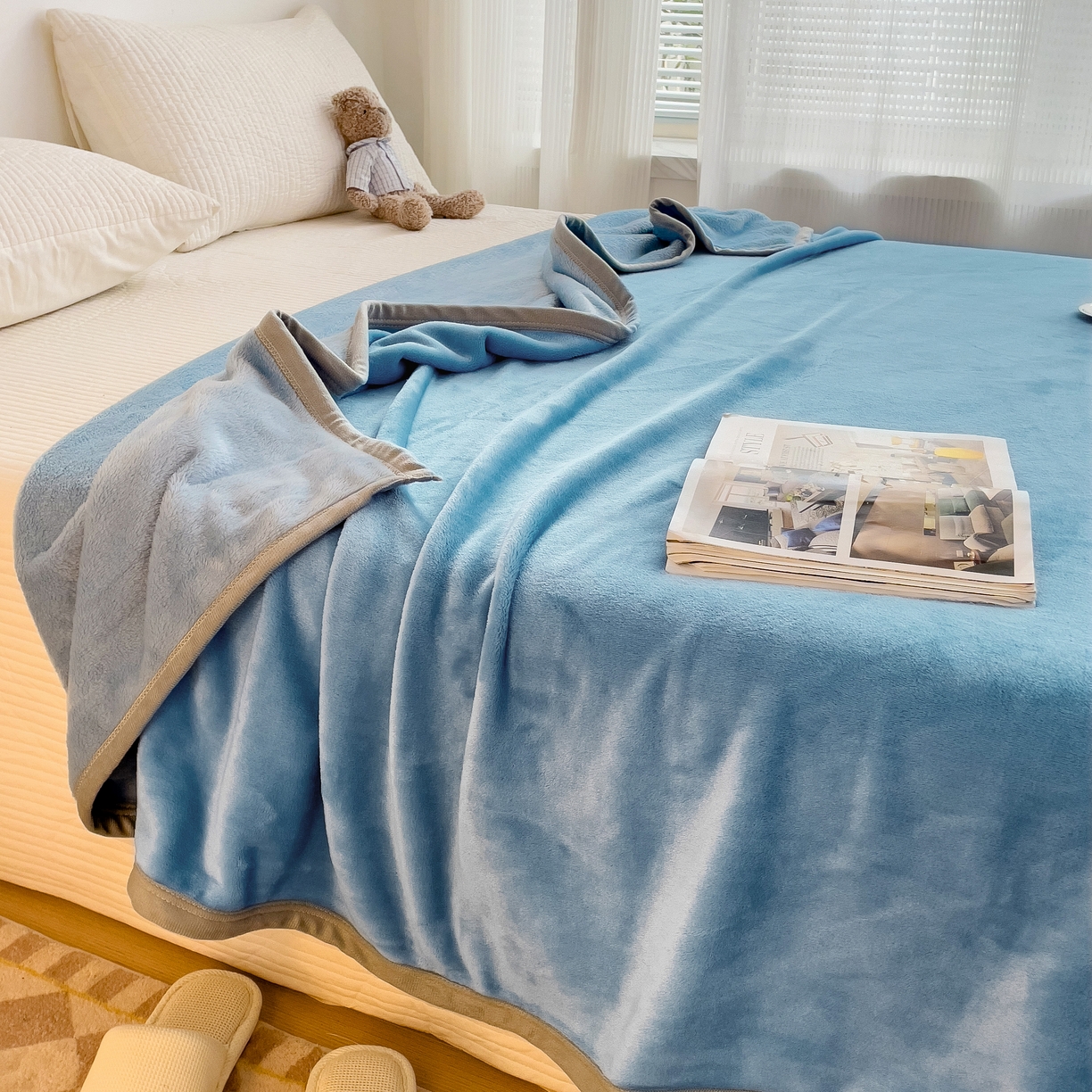 91家纺网 家纺一手货源 找家纺 启发毛毯 2025新款高克重双面牛奶绒盖毯 天蓝