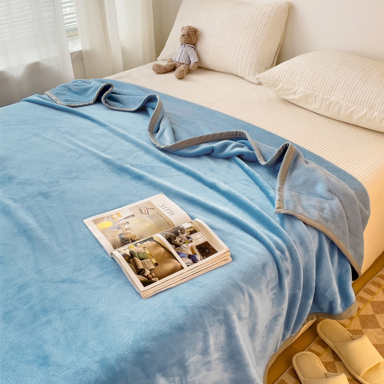 91家纺网 家纺一手货源 找家纺 启发毛毯 2025新款高克重双面牛奶绒盖毯 天蓝