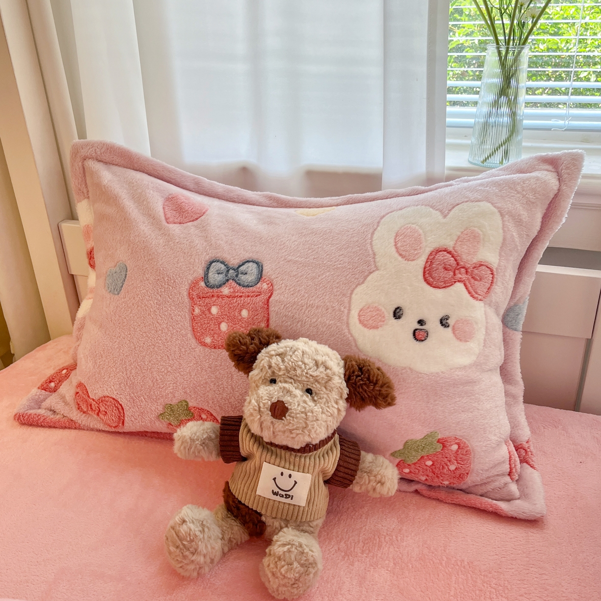 91家纺网 家纺一手货源 找家纺 川悦生活 2025新款雪花绒宿舍床笠款三件套 幸福甜兔