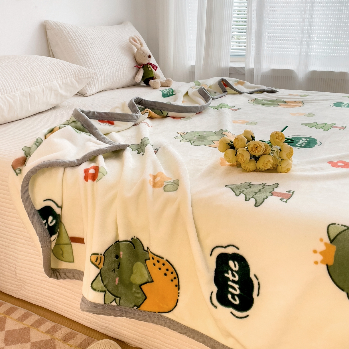 91家纺网 家纺一手货源 找家纺 启发毛毯 2025新款高克重双面牛奶绒盖毯 小恐龙