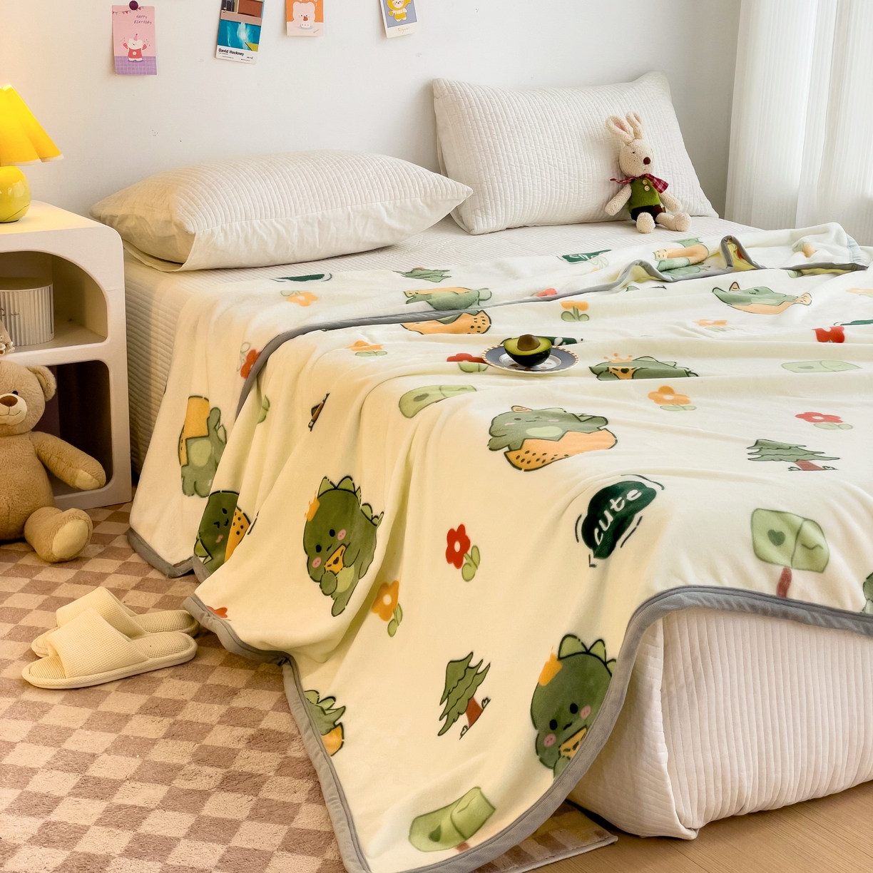 91家纺网 家纺一手货源 找家纺 启发毛毯 2025新款高克重双面牛奶绒盖毯 小恐龙