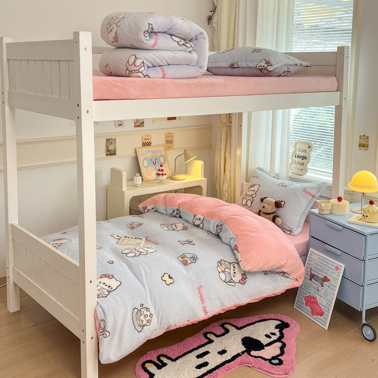 91家纺网 家纺一手货源 找家纺 川悦生活 2025新款雪花绒宿舍床笠款三件套 幸运小咪