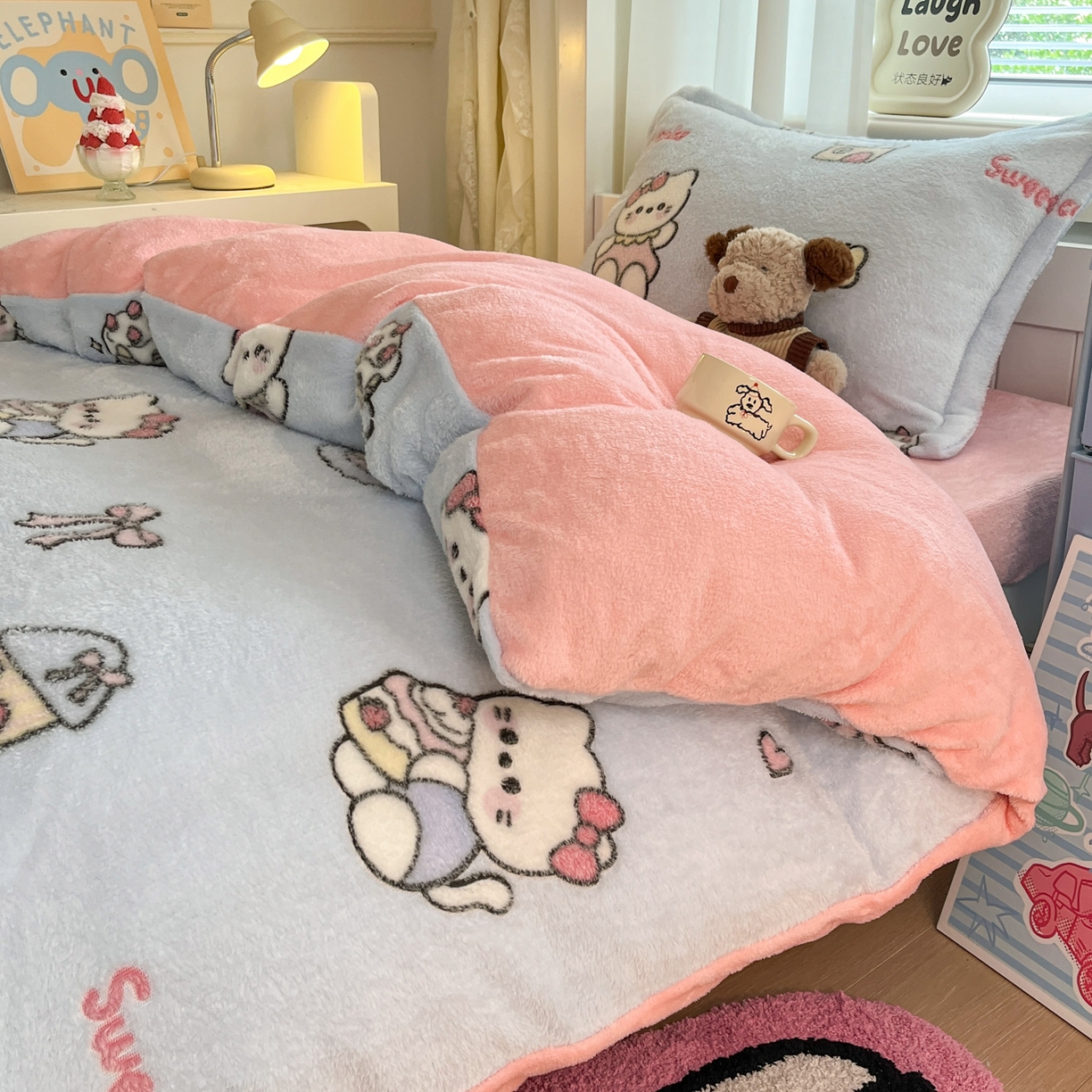 91家纺网 家纺一手货源 找家纺 川悦生活 2025新款雪花绒宿舍床笠款三件套 幸运小咪