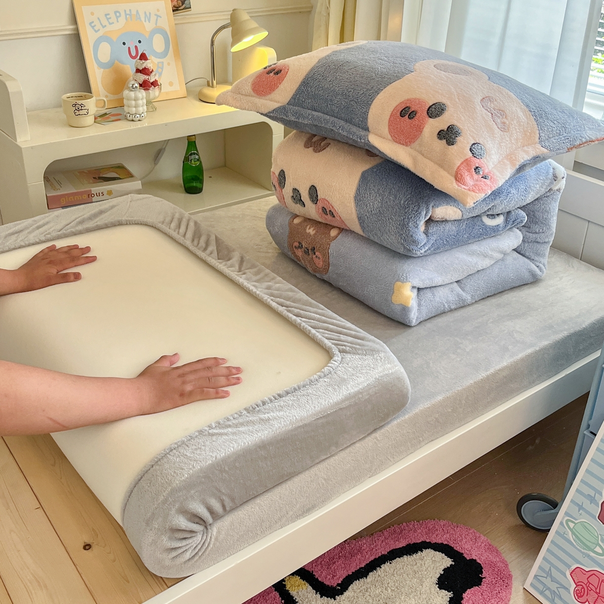 川悦生活 2025新款雪花绒宿舍床笠款三件套 熊小巴