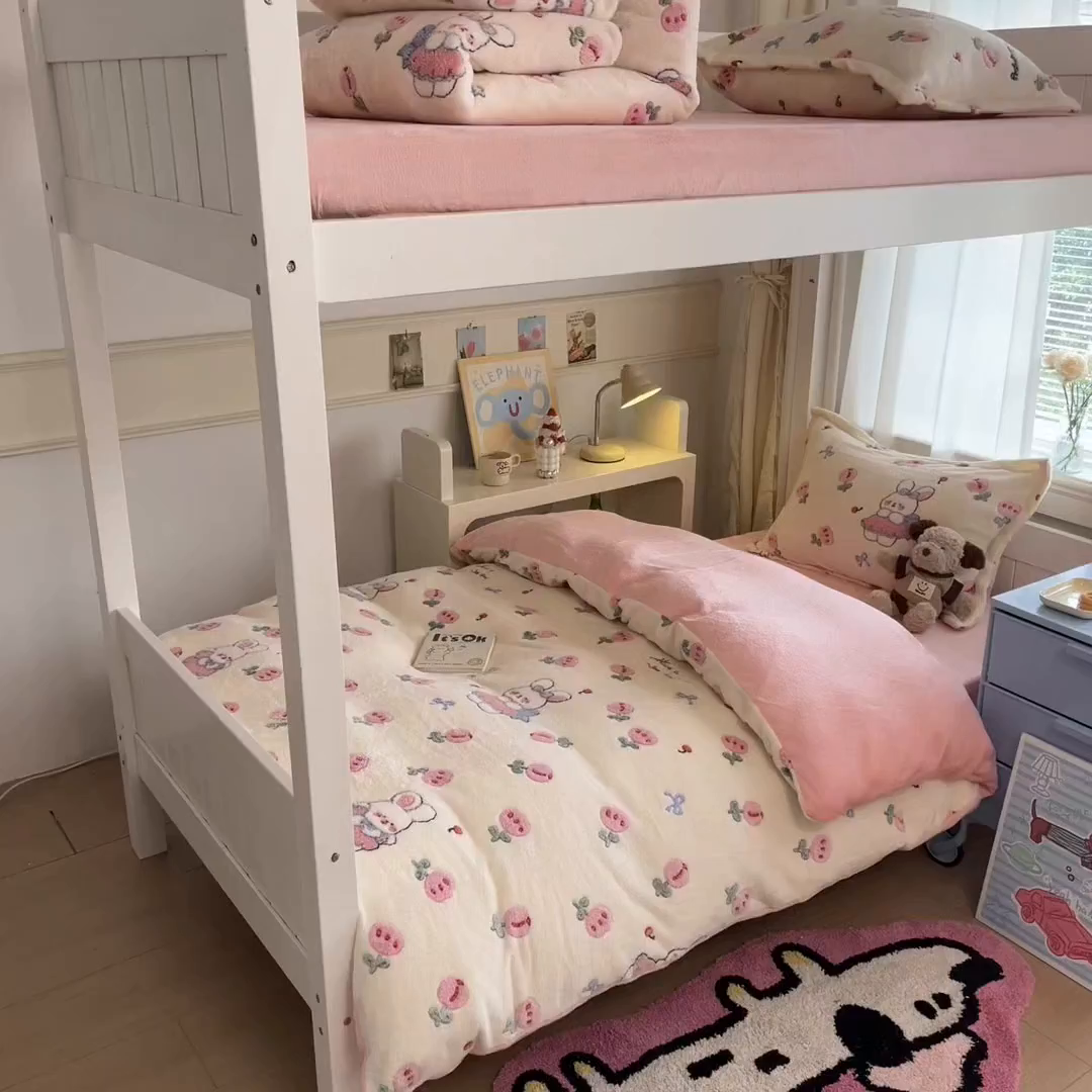 91家纺网 家纺一手货源 找家纺 川悦生活 2025新款雪花绒宿舍床笠款三件套 郁金奶兔