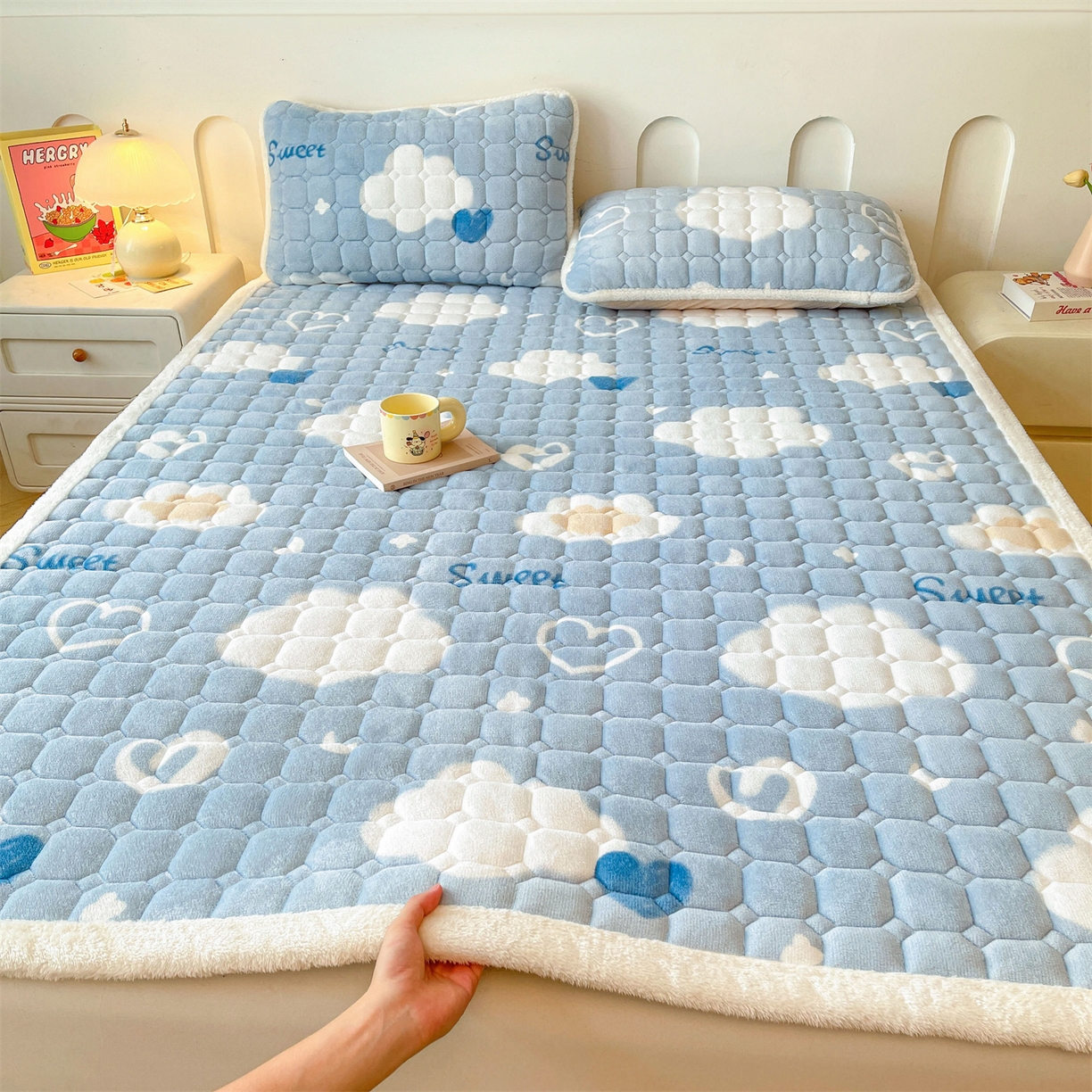 雯豆家纺 2025新款加厚床垫床褥子牛奶绒床褥床护垫学生宿舍垫子铺底 牛奶绒床褥-爱心云