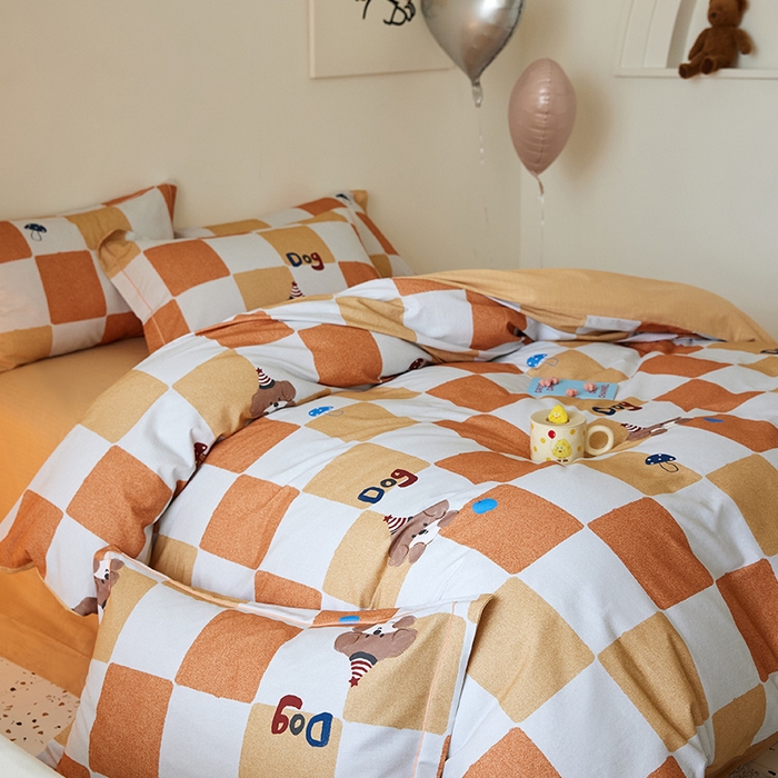 91家纺网 家纺一手货源 找家纺 梧桐树 2025新款100%全棉纯棉磨毛四件套-小清新系列 K01顽皮狗-桔