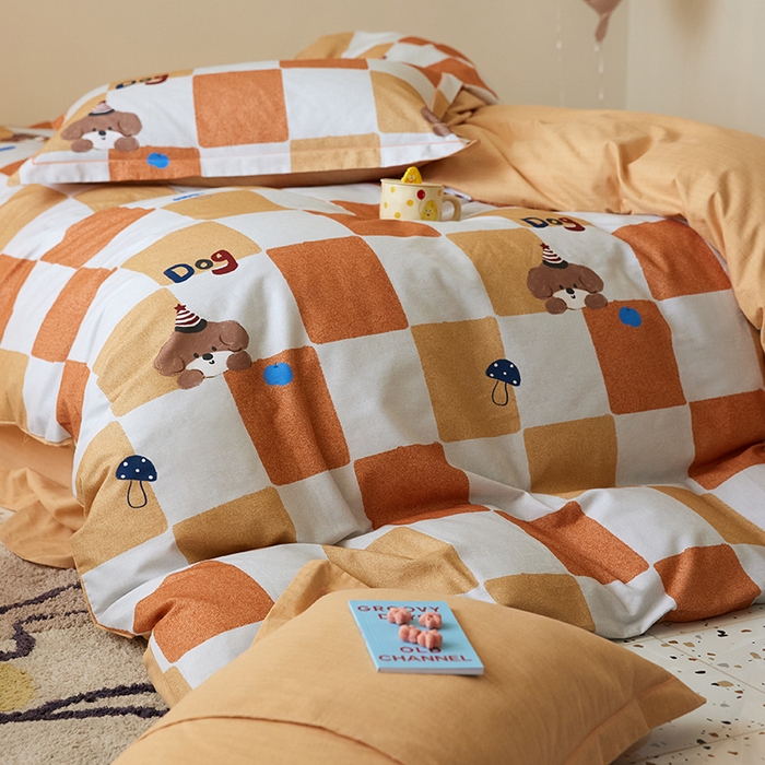 91家纺网 家纺一手货源 找家纺 梧桐树 2025新款100%全棉纯棉磨毛四件套-小清新系列 K01顽皮狗-桔