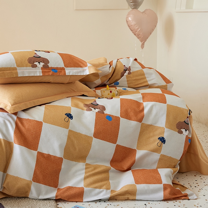 91家纺网 家纺一手货源 找家纺 梧桐树 2025新款100%全棉纯棉磨毛四件套-小清新系列 K01顽皮狗-桔