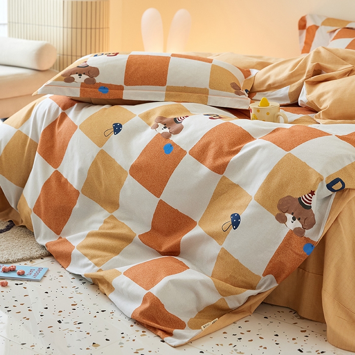 91家纺网 家纺一手货源 找家纺 梧桐树 2025新款100%全棉纯棉磨毛四件套-小清新系列 K01顽皮狗-桔