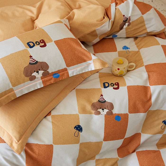 91家纺网 家纺一手货源 找家纺 梧桐树 2025新款100%全棉纯棉磨毛四件套-小清新系列 K01顽皮狗-桔