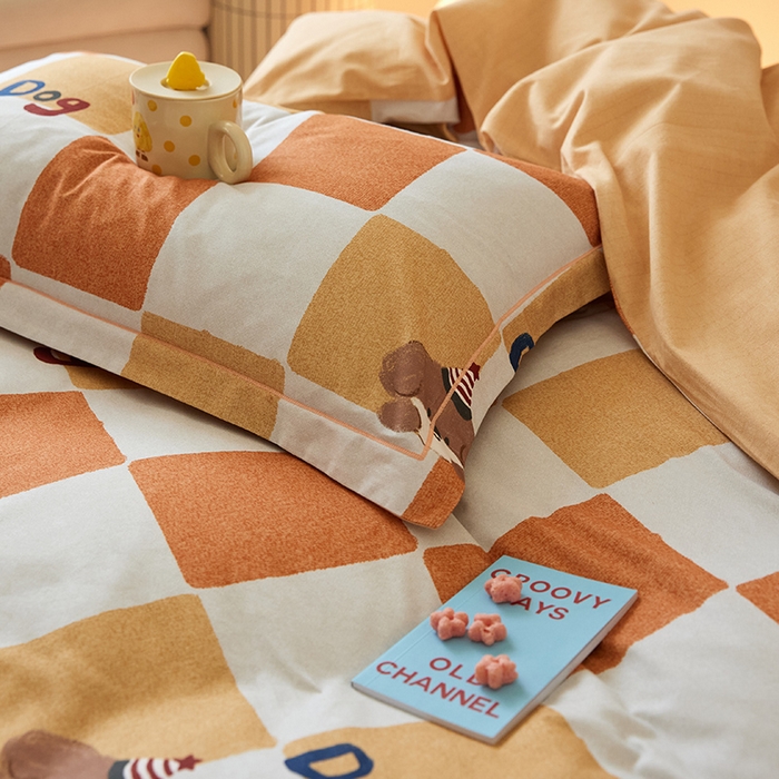 91家纺网 家纺一手货源 找家纺 梧桐树 2025新款100%全棉纯棉磨毛四件套-小清新系列 K01顽皮狗-桔