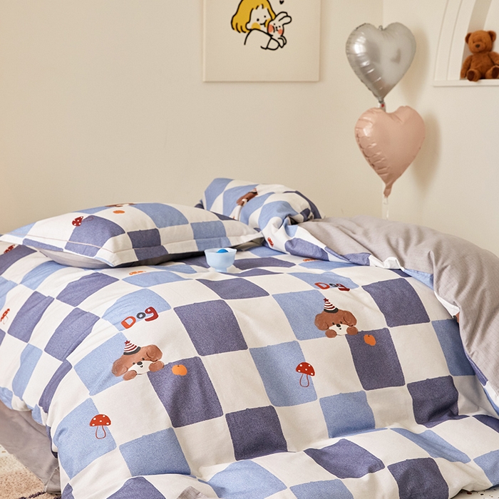 91家纺网 家纺一手货源 找家纺 梧桐树 2025新款100%全棉纯棉磨毛四件套-小清新系列 K02顽皮狗-蓝