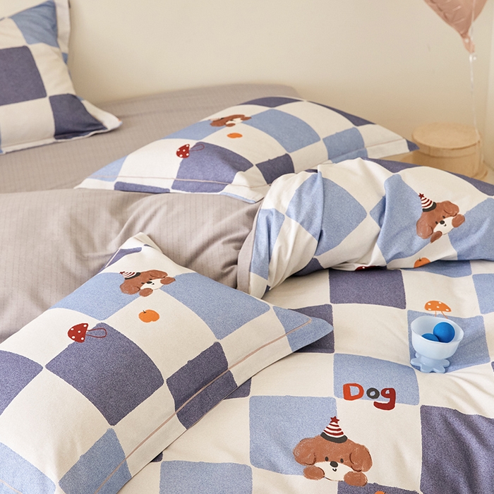 91家纺网 家纺一手货源 找家纺 梧桐树 2025新款100%全棉纯棉磨毛四件套-小清新系列 K02顽皮狗-蓝