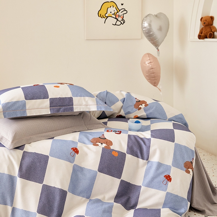 91家纺网 家纺一手货源 找家纺 梧桐树 2025新款100%全棉纯棉磨毛四件套-小清新系列 K02顽皮狗-蓝