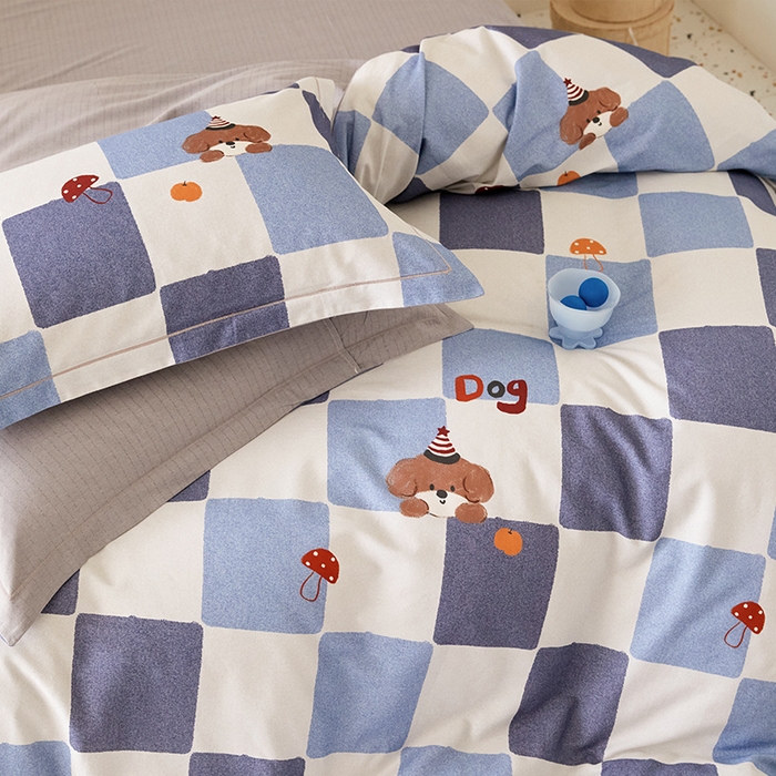 91家纺网 家纺一手货源 找家纺 梧桐树 2025新款100%全棉纯棉磨毛四件套-小清新系列 K02顽皮狗-蓝